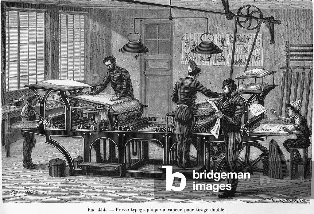 Printing press: steam printing press for double printing - engraving of “La France industrielle” by Bonnafoux, 1880.