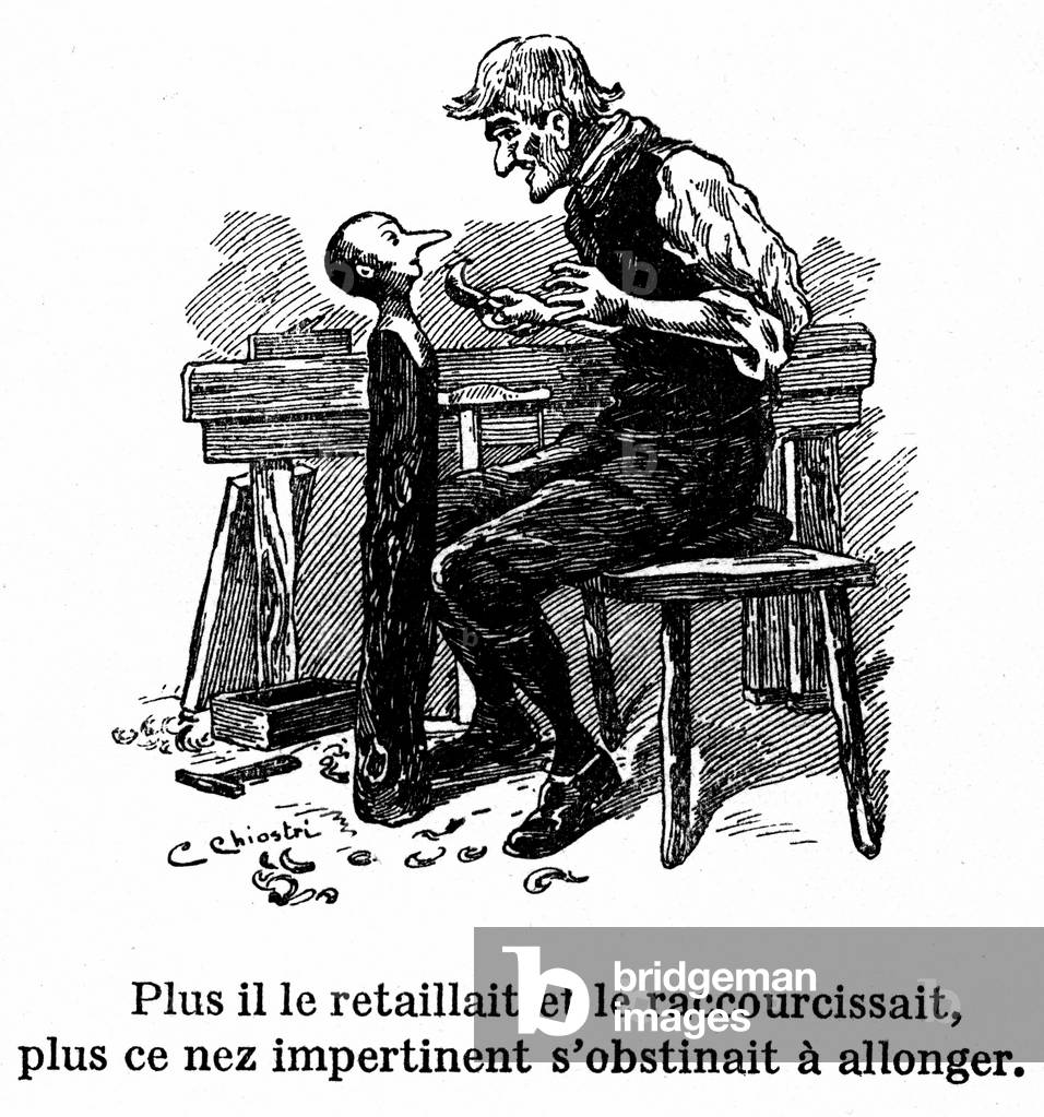A French translation of Pinocchio around 1920-1930, with a drawing by Carlo Chiostri (1863-1939), one of the first Italian illustrators of Collodi's work. Geppetto has just carved the puppet's head into a buche, and Pinocchio's nose is already stretching.