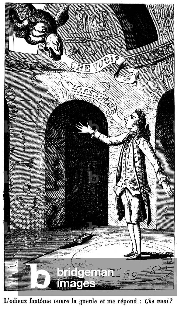 One of the six anonymous illustrations (grotesque figure) attributed to Moreau for the first edition of 1772 of Jacques Cazotte's fantastic novel “Le Devil amoureux” (1719-1792). Belzebuth appears in Alvare (standing beside a protective circle - pentacle) in the form of a monstrous camel - monster - ghost -