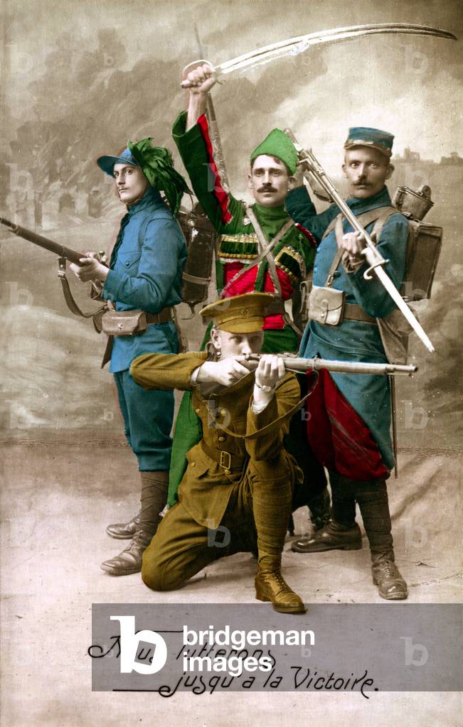 First World War - War 14-18 (1914-1918) - World War I (WWI or WW1): France, Postcard showing the allies (soldiers of the four Allied Armies) going on assault - “” We will fight to victory “” - military alliance -