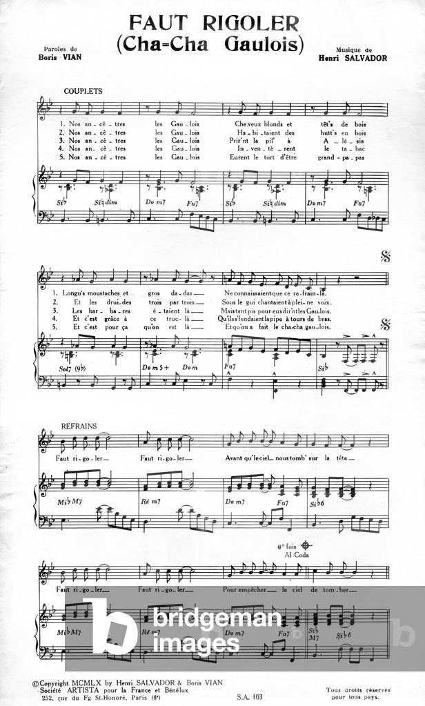 Font laugher (Cha-Cha (Cha Cha) Gaulois) sheet music for the song by Boris Vian (lyrics) and Henri Salvador (music) 1960