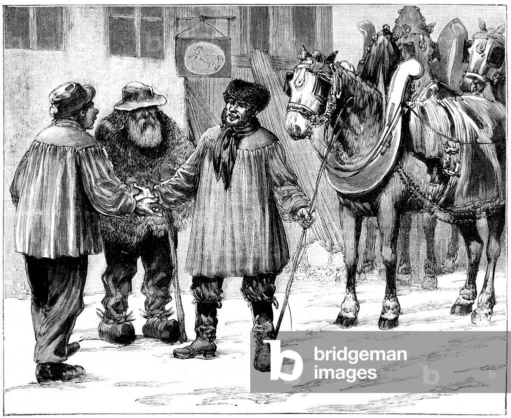 A ro-ro, driving his horses, meets a fellow with an old man in front of an inn sign, 1893 (engraving)