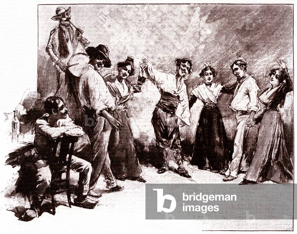 Fete de Saint Eloi, patron of the menagers, near Arles in Provence. The villagers dance farandole to the sound of the fife and the drum, cheeks by the drummer. Illustration for a Flammarion 1904 edition. of the “Lettres de mon moulin” by Alphonse Daudet (L'Arlesienne).