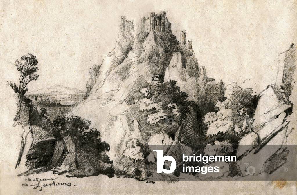 The castles of Lastours (Cabardes, Aude, Pays Cathare). Anonymous romantic drawing with charcoal late 19th century. Municipal library of Carcassonne.
