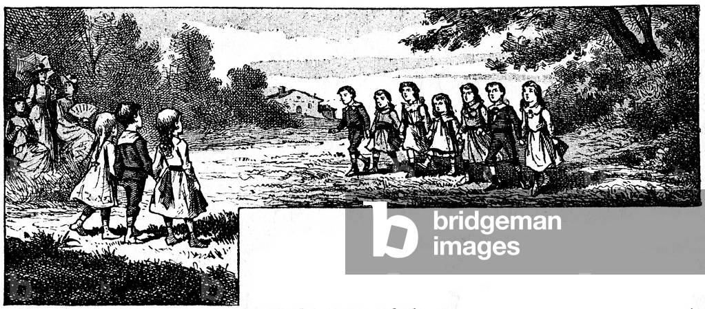 Children - round - rhyme - fun in the countryside - illustration from Claude Auge's book “Les chants de l'enfance””, Librairie Larousse beginning 20th century.