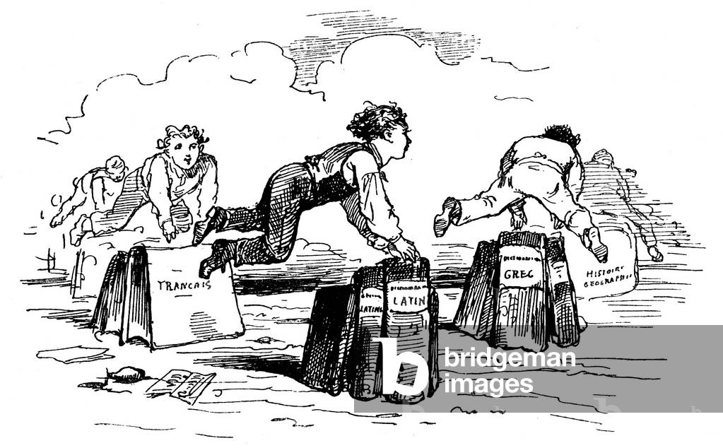 Children play a leap over school books bearing the mention of the main subjects, 1875 (engraving)