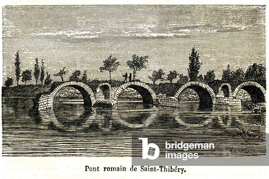 Languedoc: Roman bridge of Saint Thibery (Saint-Thibery) in the 19th century. Domitian route (Via Domitia or Domizia). Engraving extracted from “Geographie du département de l'Herault by Alphonse Joanne” edition Hachette 1883.