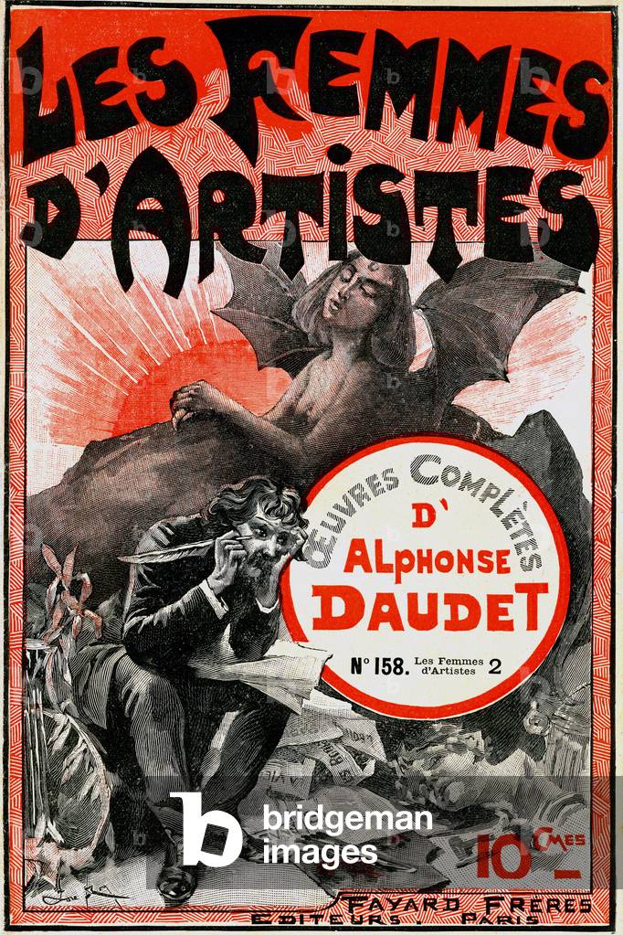 Cover of a popular edition in booklets at 10 cents of the new “Les femmes d'artistes”” by Alphonse Daudet (1840 - 1897) illustrated by Jose Roy - editions Fayard Freres, late 19th century (1898) - diabolical image of a woman with demon's wings and claws, triumphant behind an artist (writer, composer...), sad unhappy, overwhelming - couple, sadness, domination - see other covers in this collection: GUT2590 -