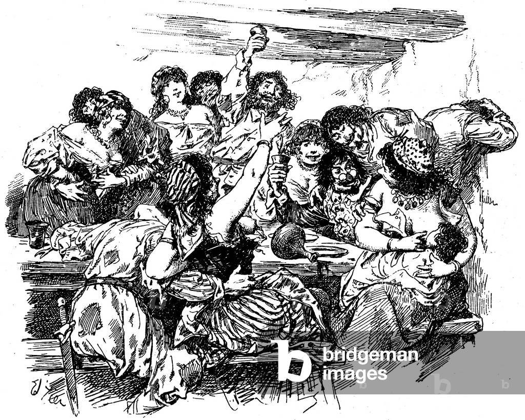 Illustration by Edouard Francois ZIER (1856-1924) for Paul Scarron's “comic novel”: chapter 16 of Part 2 - Ragotin is rippling with the bohemians with great wine dissipation -