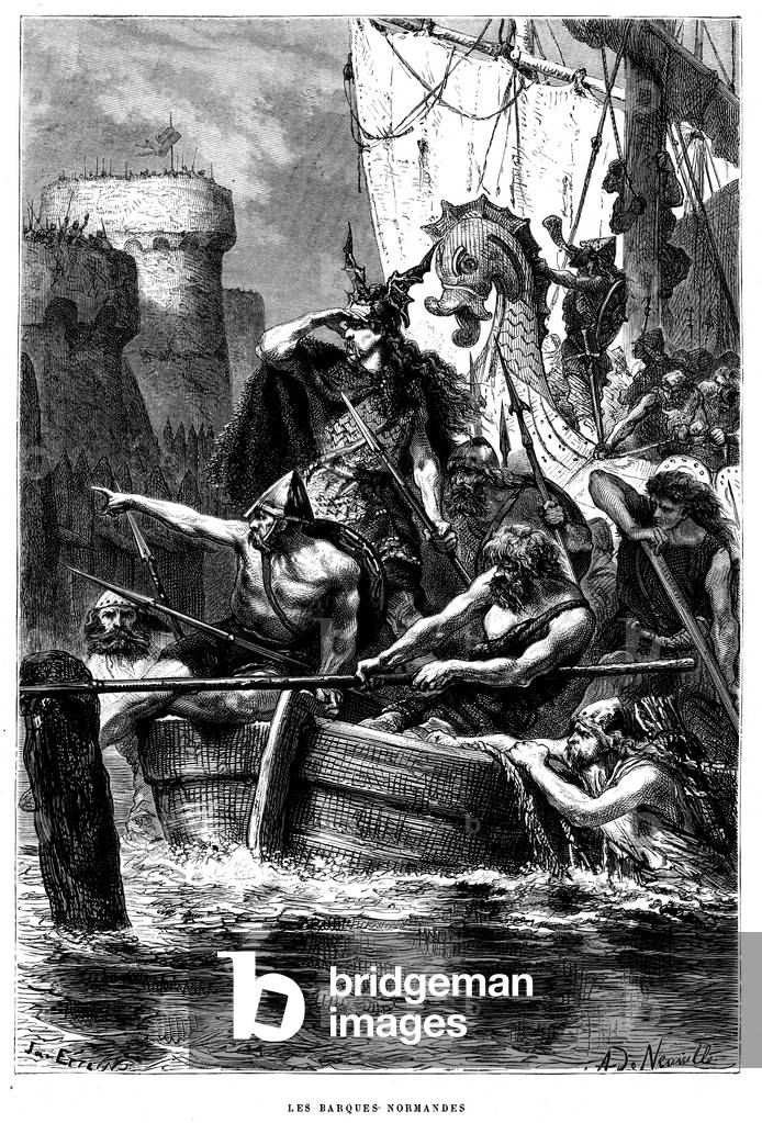 The arrival of Norman boats on the French coast in 799, 1872 (engraving)