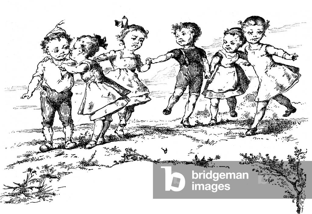Children - dance - round - rhyme - kiss - kiss - kiss - kiss - fun outside in a garden - illustration by L. Nehlig from J.B. Weckerlin's book “” Chansons et ronde enfantines””, Edition Garnier 19th century.