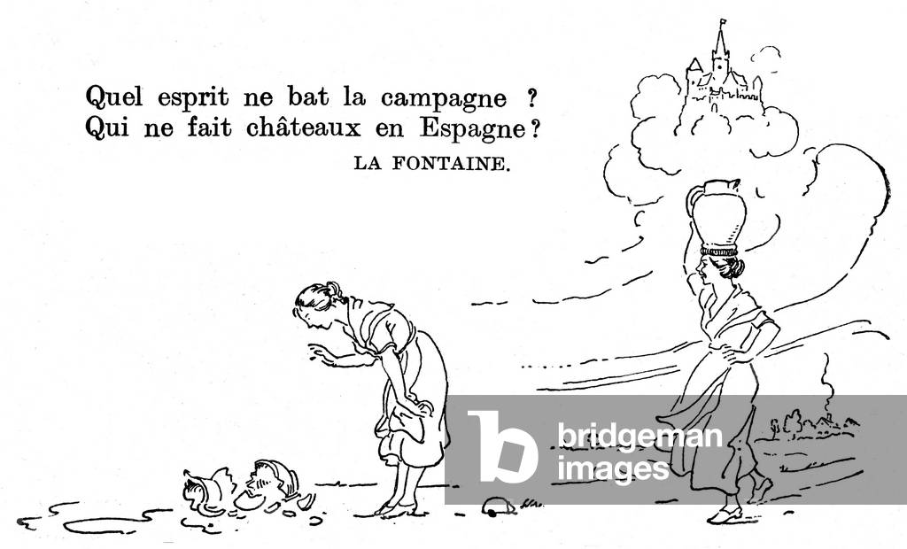 Illustration by Jacoby 1934 for the fable of La Fontaine “” La laitiere et le pot au lait””. Can illustrate both the song “” Perette and the milk pot”” (Perrette) and the expressions “” spirit that beats the countryside”” and “” build or make castles in Spain””.