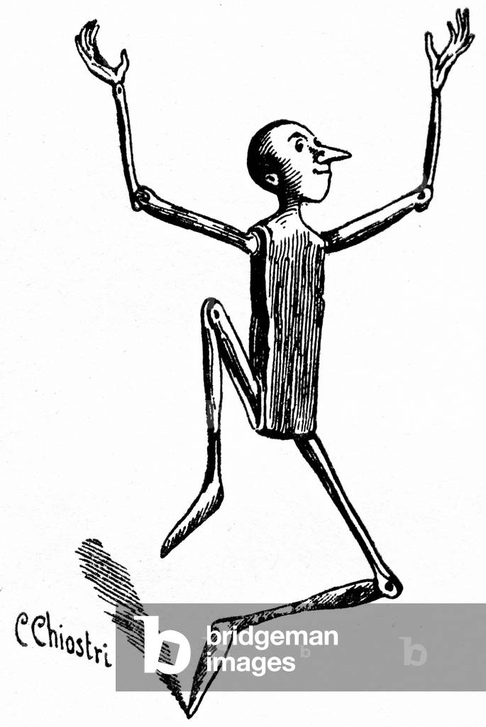 Pinocchio by Carlo Chiostri (1863-1939), one of the first Italian illustrators of Collodi's work. The wooden puppet dancing.