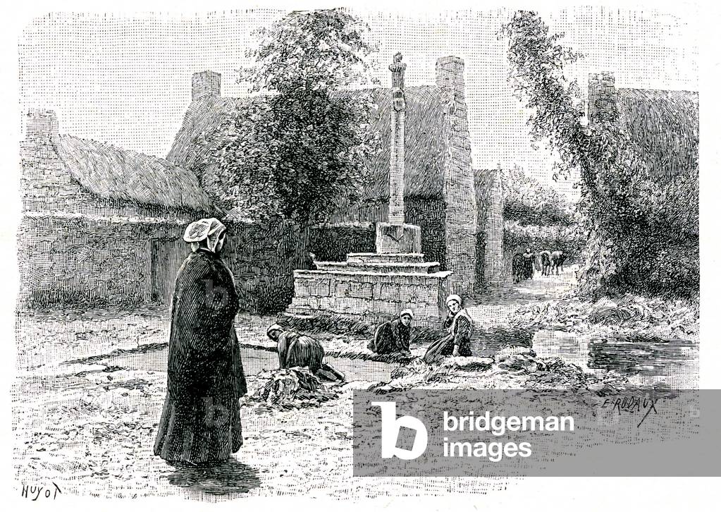 Icelandic fisherman, novel by Pierre Loti. “” Nouvelle Collection Illustree”, Calmann-Levy, 1924 edition. Illustration by Henri Edmond Rudaux (1865-1927). Typical scene of Brittany: laundry. The villagers wash their clothes in the pool, near the calvary.