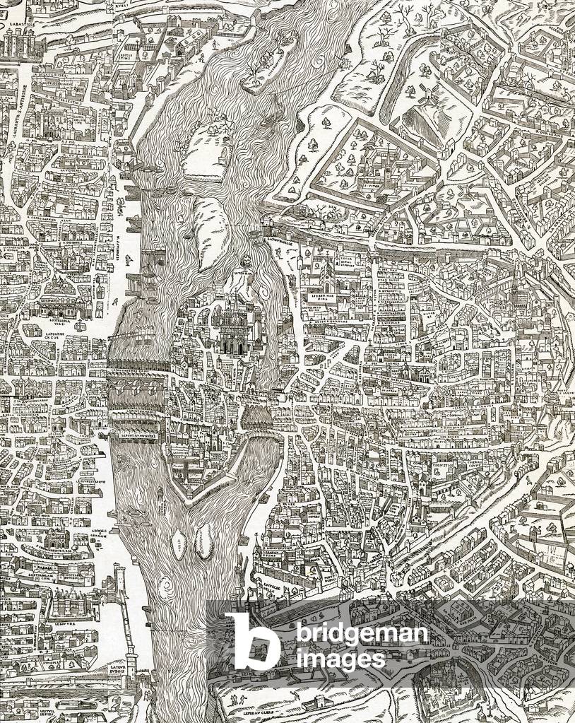 The Seine, with the island of Saint Louis and the island of the city. Detail of a map of Paris of the reign of Henry II (circa 1551), wood engraving