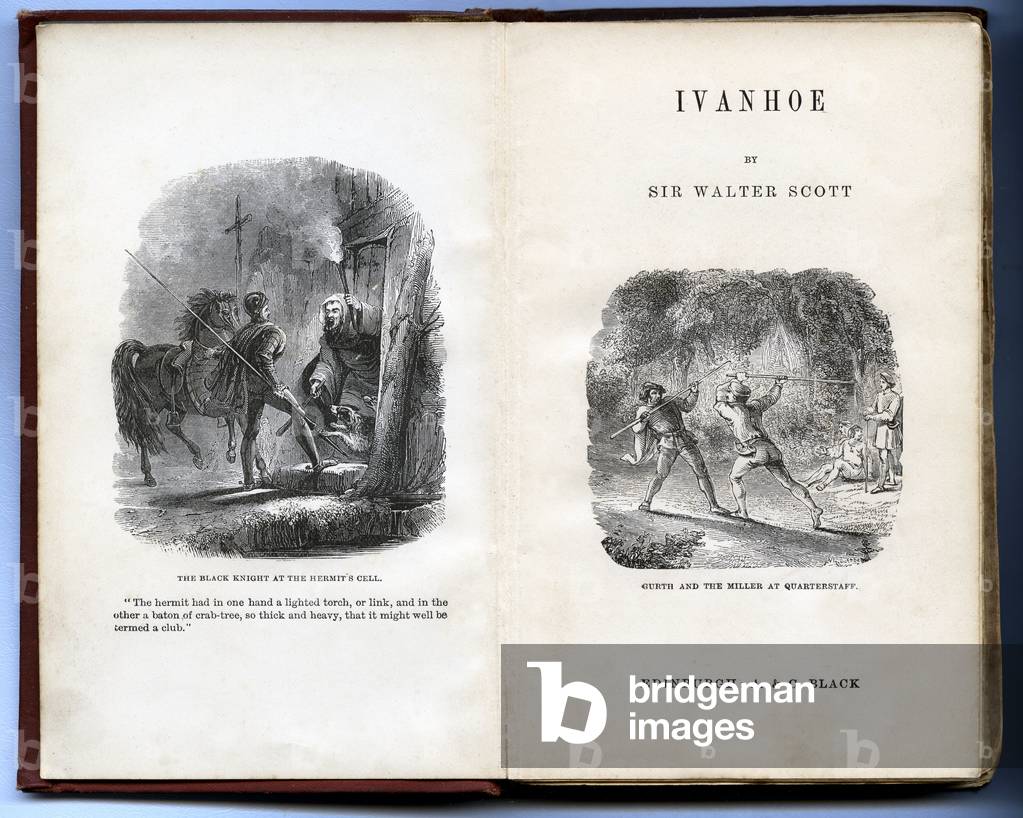 Title page and frontispiece of a 19th century English edition of the novel “Ivanhoe” by Walter Scott (1771-1832), Scottish writer - on the left the black knight appears at the hermit's, on the right quarterstaff quarterstaff battle between the Saxon Ecuyer Gurth and the brigand The Miller (the thief Meunier) - Yeah.