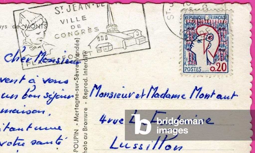 Detail of the back of a postcard sent in 1964, bearing an obliteration of the stamp and a postmark indicating that the city of Saint John? is a city of congresses. NB: The names of the recipient and the destination city have been changed for privacy protection.