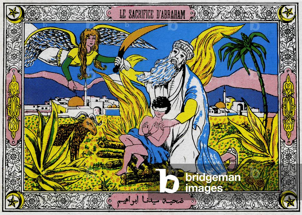 Abraham's sacrifice: the angel will stop the priest's arm, who will kill his son Isaac with a sabber.