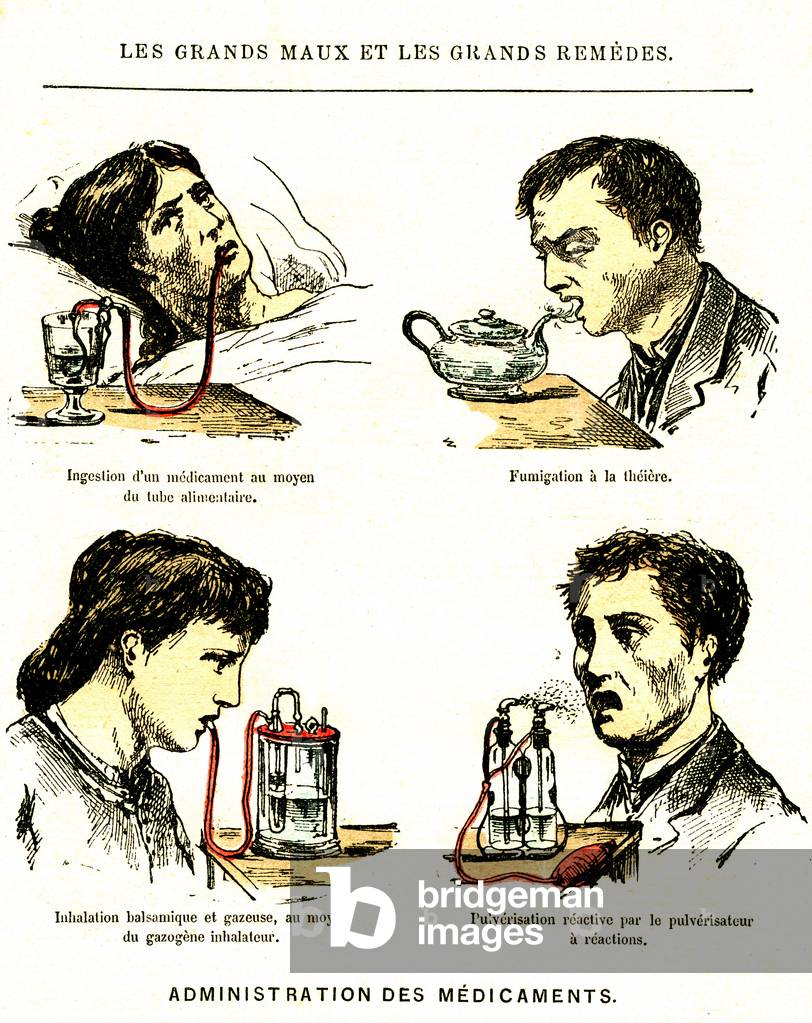 Administration of medicaments by ingestion, fumigation, inhalation, spraying (inhaler, sprayer). Engraving from “” Les Grands Ales et les Grands Remedes”” by Jules Rengade, 1889. From “The Principal Illnesses and Their Remedies” by Jules Rengade. (Paris, 1889).