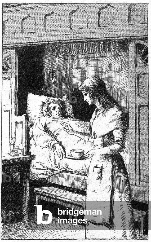 A young girl brings a herbal tea and a potion to a sick old woman lying in bed in an alcove in a house in the French countryside, late 19th century. Engraving from 1894.