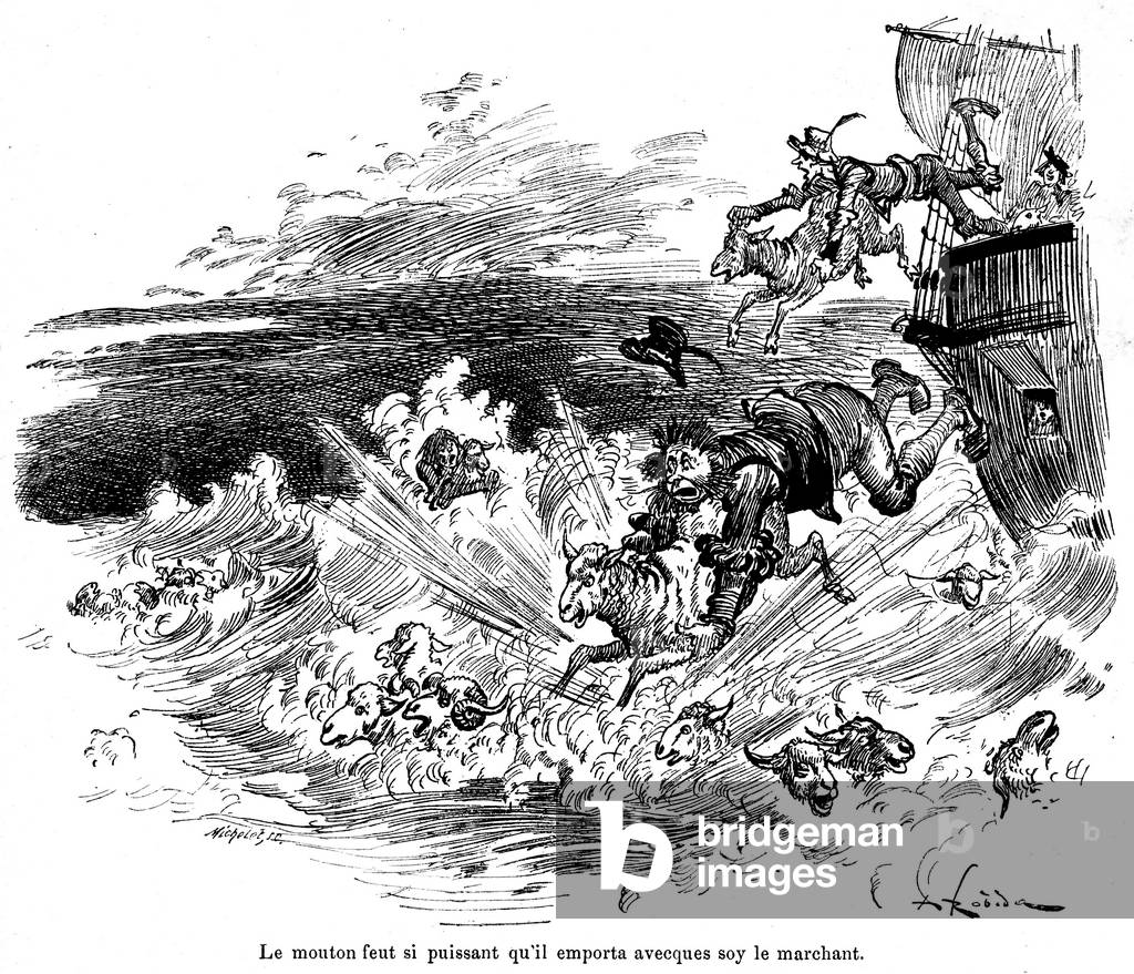 The sheep of Panurge, scene having given source to an expression of the French language - “” Panurge without alder thing say throws into the open sea his shouting and bellant sheep. All the sheep shouting and wailing in such intonation began to jaw and jump into the sea after in line. The scarf is the first to sail after their compaignon. As you clear the natural sheep, every day comes first, somewhere it goes.”” Pantagruel, Extract from the Fourth Livre, chapter VIII - illustration by Robida for the complete works of Francois Rabelais published by the Illustree Librairie around 1885 - 1890 (see also GUT3763 and GUT3773) -