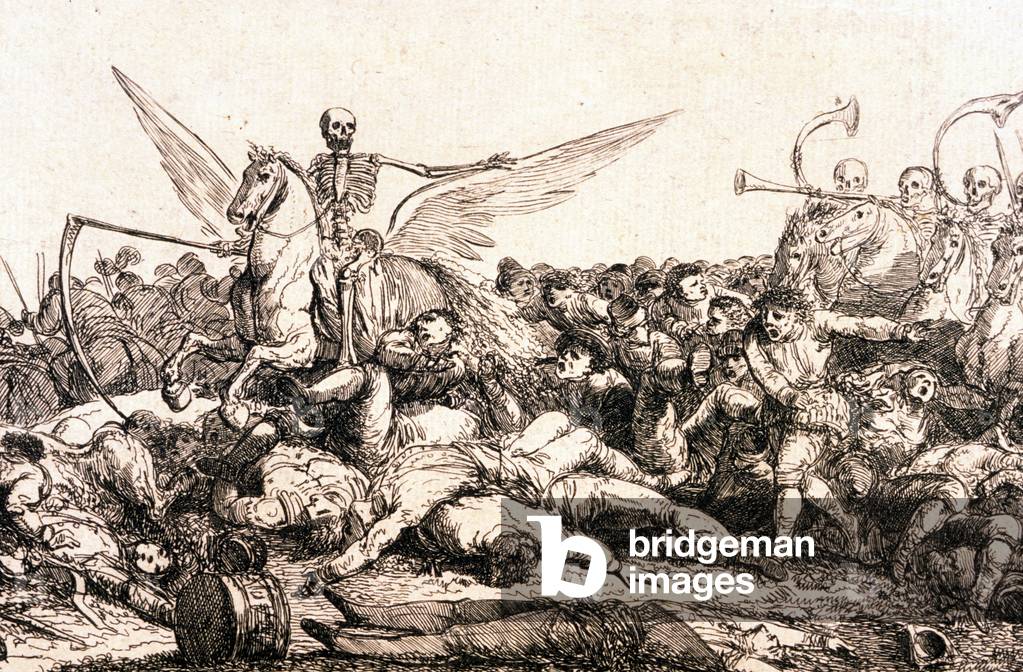 Death Triumphant: Allegory of death represented as a skeleton with its sickle galloping on a winged horse on a battlefield. Engraving by Jacques Gamelin (1738 - 1803). Carcassonne, Museum of Fine Arts.