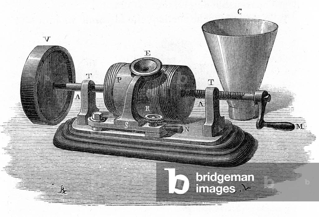 Edisons Phonograph: eines der ersten (und einfachsten) Modelle - Gravur des Buches „“ Le téléphone, le microph