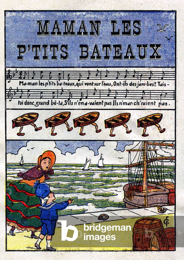 Illustration for the song “” Maman les p'tits Bateaux”” - nursery rhyme - book of songs for children, beginning 20th century -