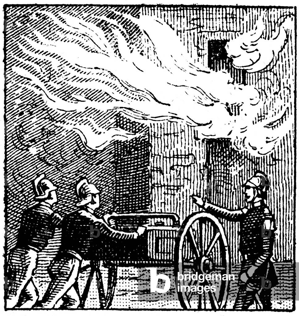 Soldiers of the Fire: firefighters manoeuvring the fire pump to quench the flames ravaging a dwelling - image of a school book at the beginning of the 20th century -