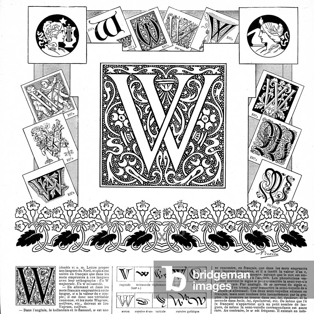 Letter W (lettrine) in the Nouveau Larousse Illustrous of 1900.