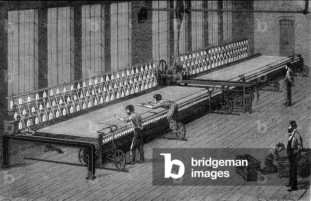 Cotton spinning: self-acting = automatic renvideur - engraving of “” La France industrielle”” by Bonnafoux, 1880.