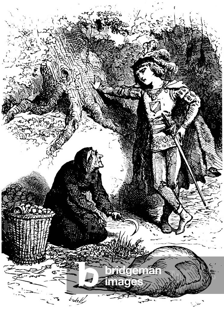 A prince speaking to an old woman sitting on the floor and cutting grass with a serpe. Illustration of the 19th century by Bertall (Albert d'Arnoux, 1820-1882) for the tale of the brothers Grimm “the goose keeper near the fountain””