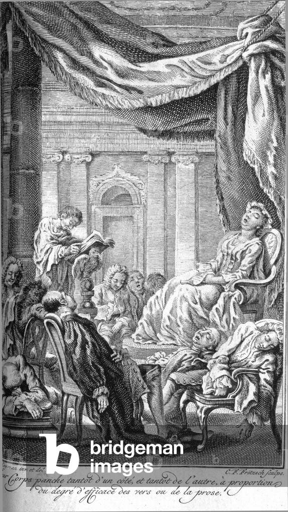 Reading, their bodies sometimes lean on one side, and sometimes on the other, in proportion to the effectiveness of the verse or prose! (image about the boredom caused by reading). (engraving)
