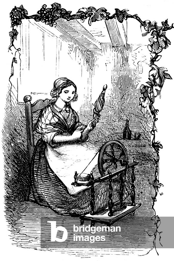 Young spinner with her cattail and spinning wheel. Illustration of Pierre-Gustave (Pierre Gustave) Staal (1817-1882) in the 2nd volume of “” Chants et chansons populaires de la France”” Plon 1859.