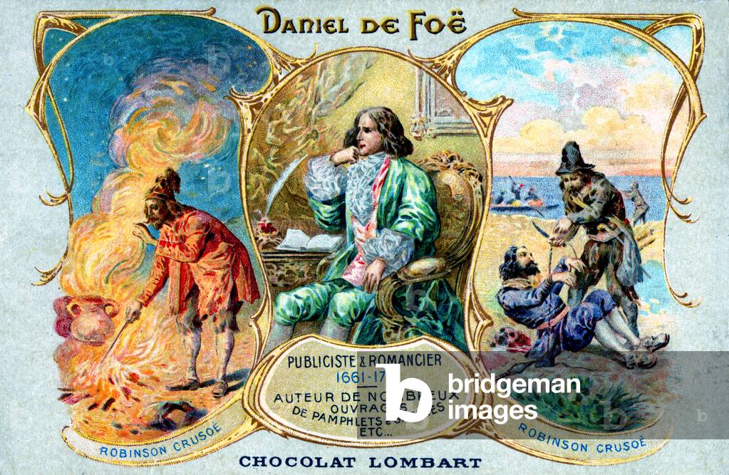 Portrait of Daniel de Foe and Robinson Crusoe, early 20th century (chromolithography)