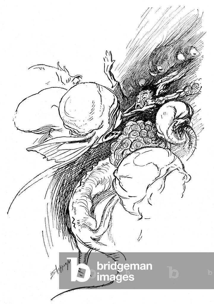 Illustration by Claude Shepperson (1868-1913) of the novel of anticipation (science fiction) by Herbert George Wells (H.G. Wells 1866-1946) “The First Men in the Moon”. Cavor is taken away by the Selenites. French edition Calmann-Levy 1913.