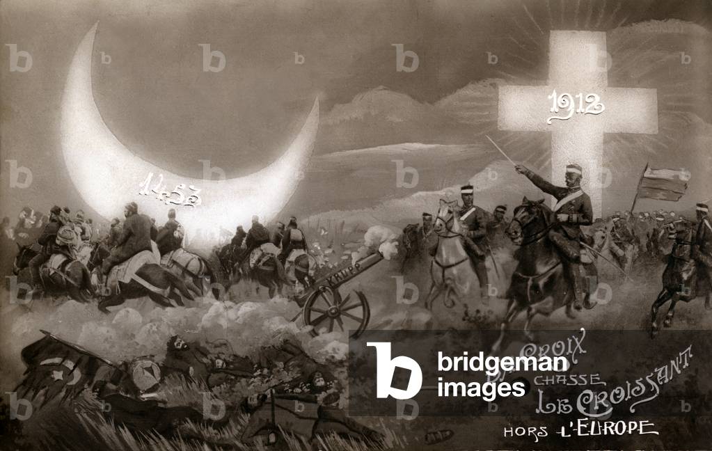 First Balkan War. The cross drives the crescent out of Europe, circa 1912 (illustration)