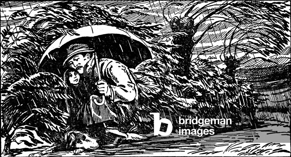 Surprised by a storm on a country road, a girl and her daddy shelter from the rain under an umbrella, with their dog, 1931 (illustration)