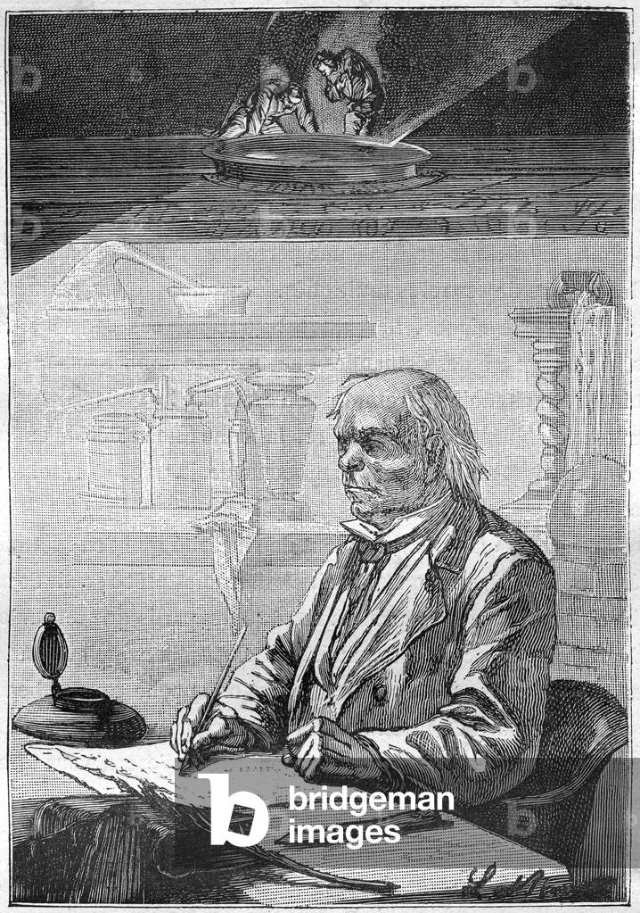 Illustration by Leon Benett of the novel by Jules Verne “Les 500 millions de la Begum”” (Hetzel edition 1879): Herr Schultze, who died freeze writing at his work table, pen in his hand. “The king of steel had been struck while he was writing.”