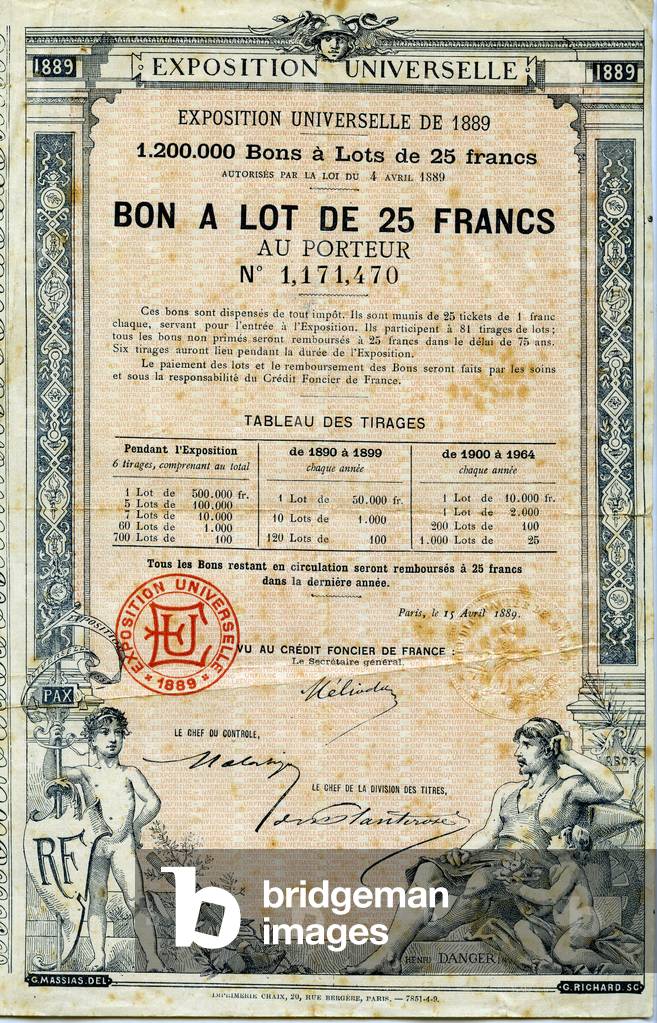 Bon a bearer of twenty five francs issued in 1889 on the occasion of the Universal Exhibition - bank, stock exchange, capital, capitalism, shareholder, economy, finance, investment of money -