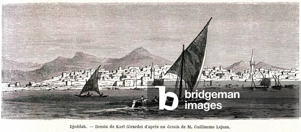 View of the city of Jeddah (Jeddah), Saudi Arabia, port on the banks of the Red Sea and gate of Mecca - in the foreground, a zarug, boat used by fishermen to transport the Muslim pelerins who are pilgrimage to Mecca - Islam, mosque, minaret - Engraving by Karl Girardet after a drawing by Guillaume Lejean, in the magazine “” The Round the World”” 1860 (East Africa) -
