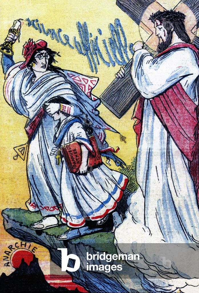 The Republican Marianne leads a child to anarchy,covering his eyes to prevent him from seeing Jesus Christ, 1911 (illustration)