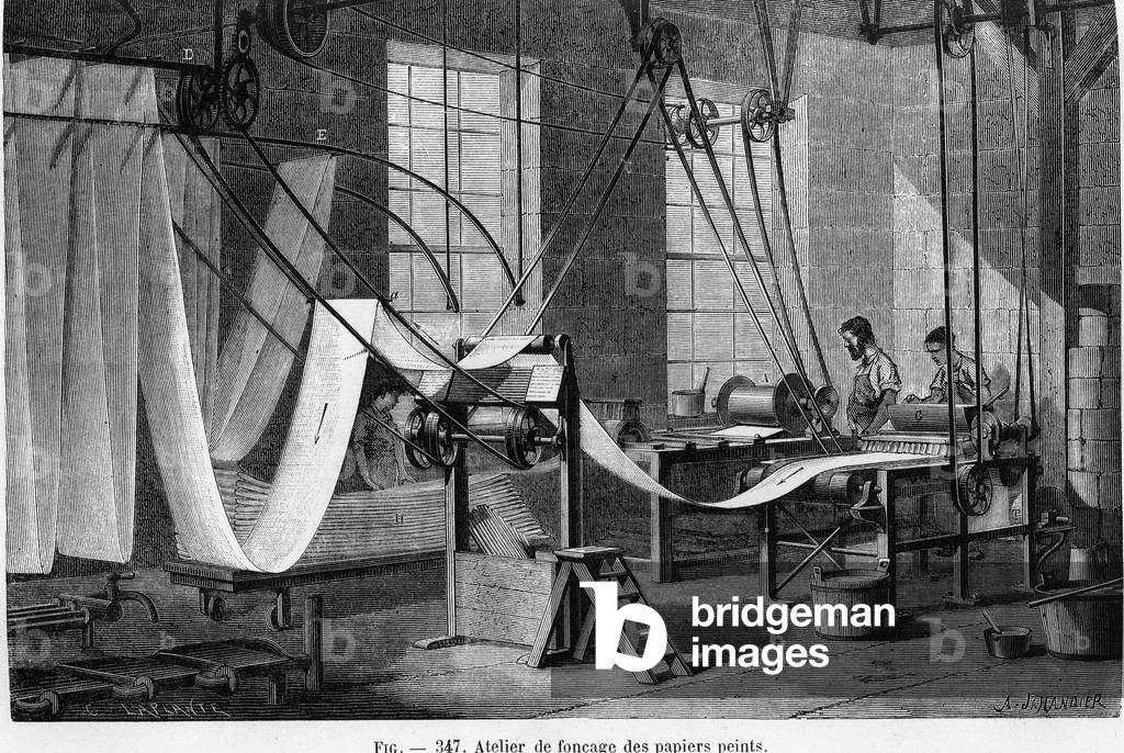 Wallpaper bursting workshop for domestic tapestries - engraving of “La France industrielle” by Jahandier, 1880.