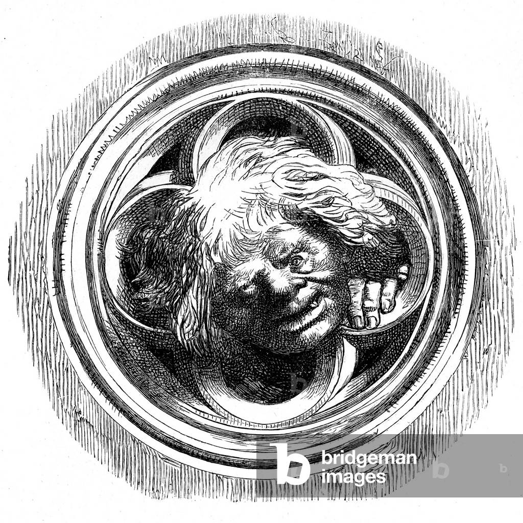 Quasimodo passing his teete through a window: engraving by G. Brion illustrating Victor Hugo's novel “Notre Dame de Paris””, Ollendorff edition beginning 20th century.