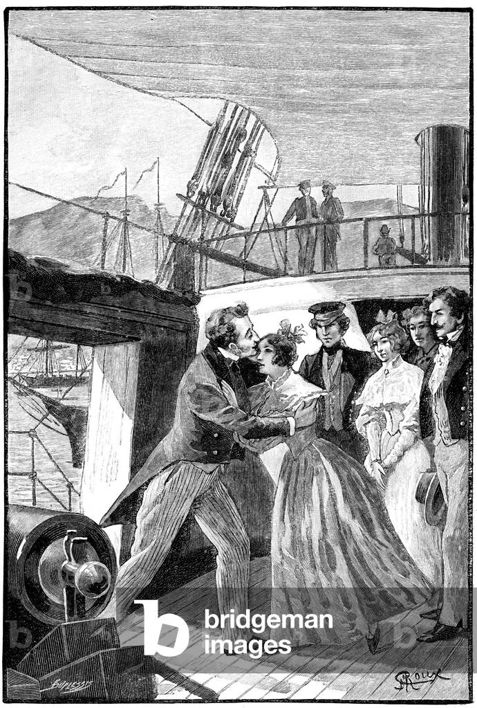 Idyll on a boat. Engraving by Georges Roux for the book of Jules Verne “Second Homeland””.