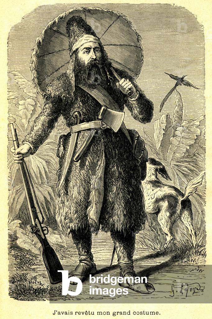 Portrait of Robinson Crusoe on his island deserte, with his umbrella, rifle, tools and dog. Frontispice of the French edition Emile Guerin of Daniel Defoe's book (De Foe), circa 1880. Engraving by G. Lafosse.