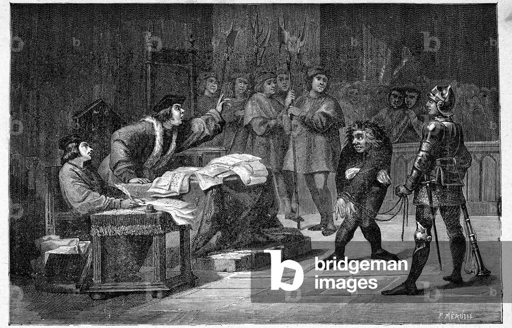 Quasimodo interrogatorio: incisione di De Rudder che illustra il romanzo di Victor Hugo «Notre Dame de Paris»,