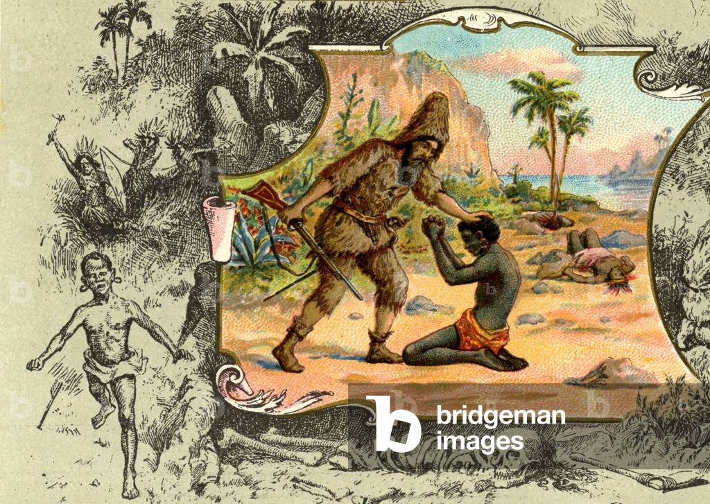 Adventures of Robinson Crusoe. Detail of a chromolithography (chromo) advertising for Liebig meat extract, part of a series of six, early 20th century, after the story imagined by Daniel Defoe (De Foe). Robinson adopts Friday slides to save him from cannibals.