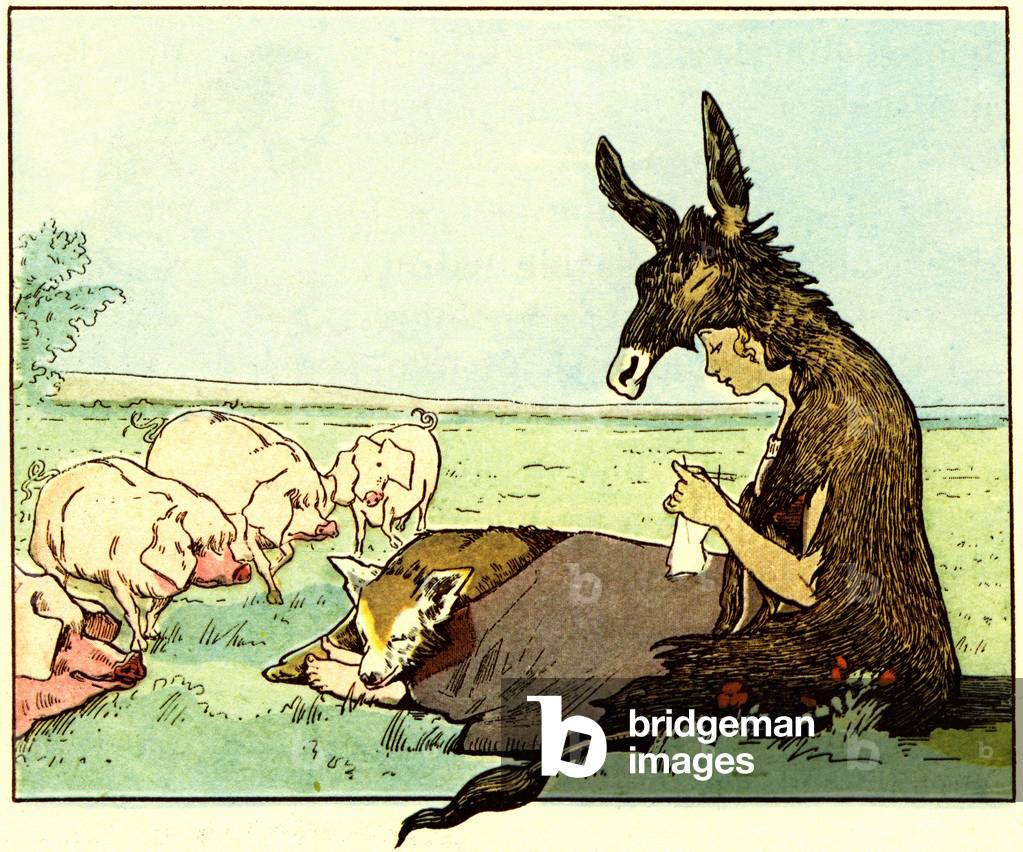 Illustration of Perrault's tale “” Donkey Skin””, edition Emile Guerin late 19th century. Watercolour by Mr. Fauron. The princess, hiding under her donkey skin, became a peasant. She keeps a herd of pigs (pigs) while knitting, a dog lies at her feet.