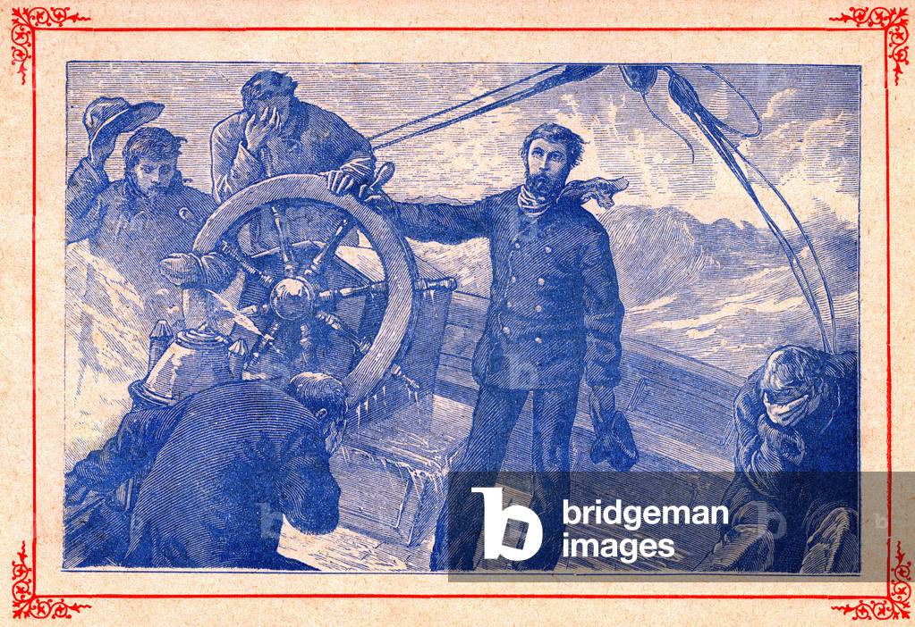 Desesperes sailors on the deck of a boat in the storm. They prepare for the sinking, pray and pray for God's help. Engraving illustrating a 19th century travel book.